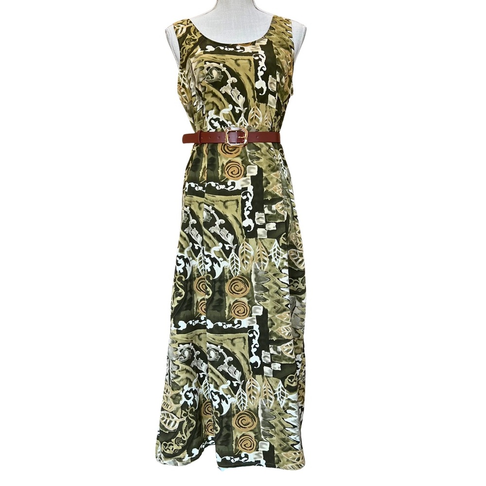 Vintage RK Originals Green and Brown Print Maxi Sundress with Scoop Neck